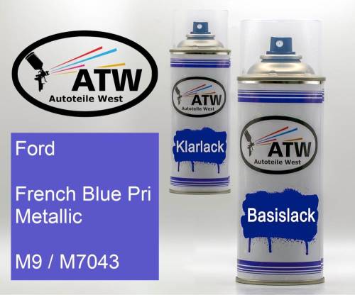 Ford, French Blue Pri Metallic, M9 / M7043: 400ml Sprühdose + 400ml Klarlack - Set, von ATW Autoteile West.